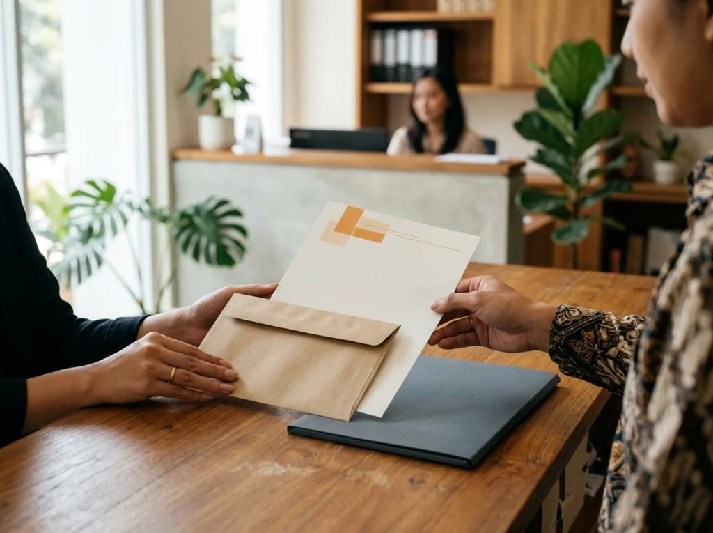 Penyerahan set stationery bisnis dan dokumen transaksi premium untuk meningkatkan retensi pelanggan