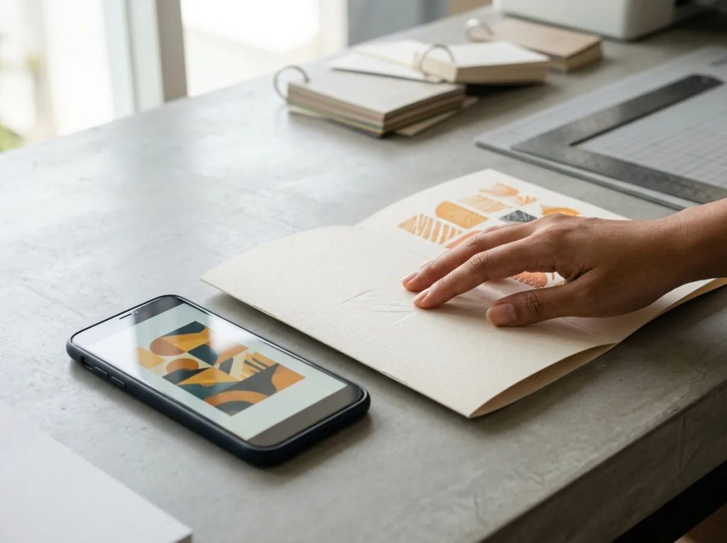 Perbandingan layar digital dan tekstur fisik cetak brosur sebagai jangkar sensorik kampanye.