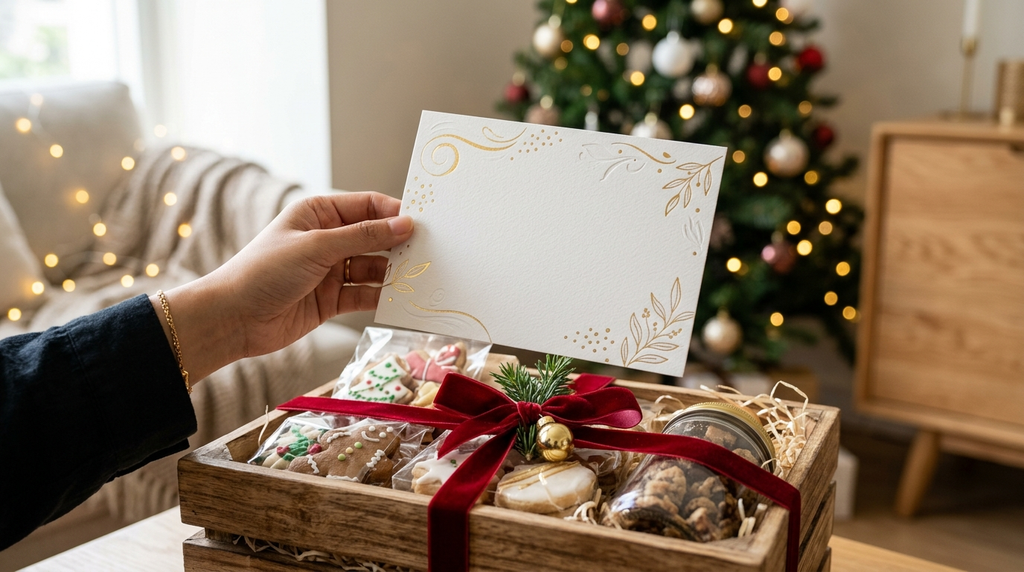 Cetak notecard Natal A5 premium dengan hiasan pita merah di atas hampers akhir tahun
