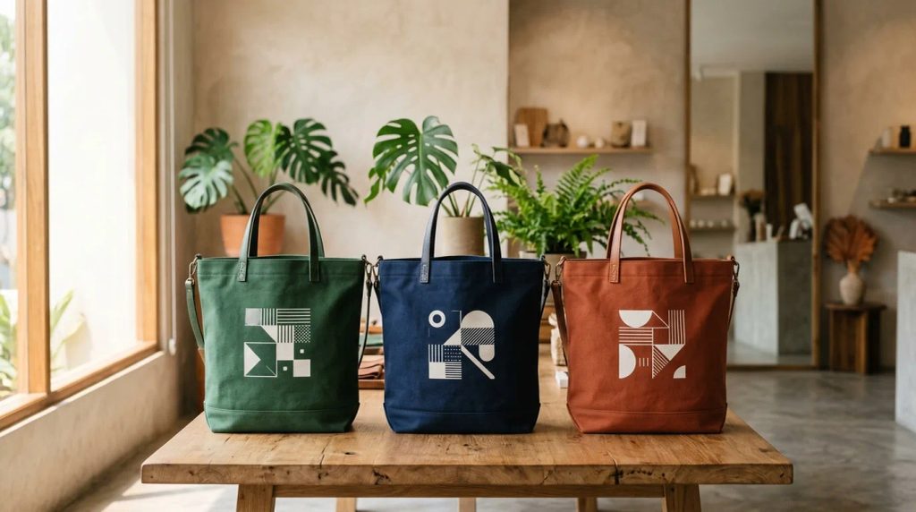 Tiga varian tas canvas warna branded dengan sablon logo presisi di etalase ritel