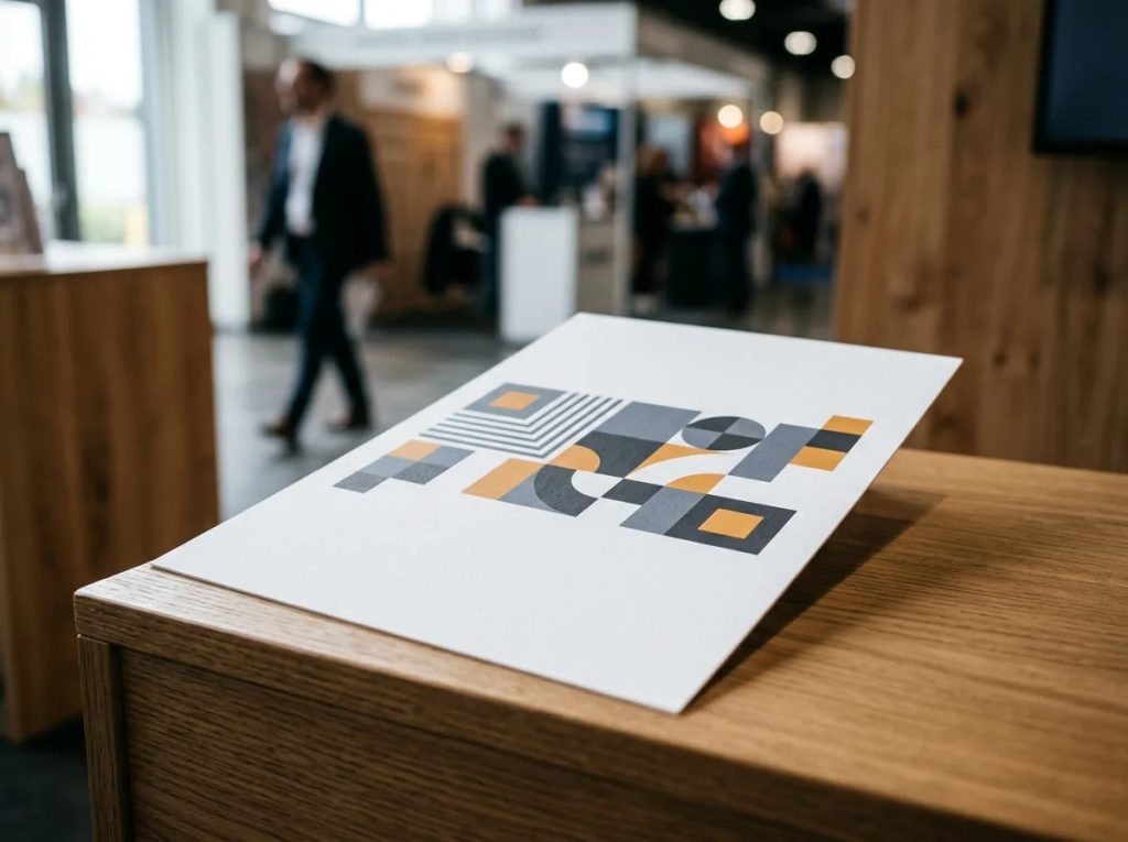 Flyer startup berkonsep white space dan tata letak modern di meja pameran bisnis.
