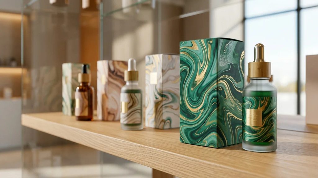 Aplikasi motif fluid pattern pada kemasan botol dan boks kosmetik boutique