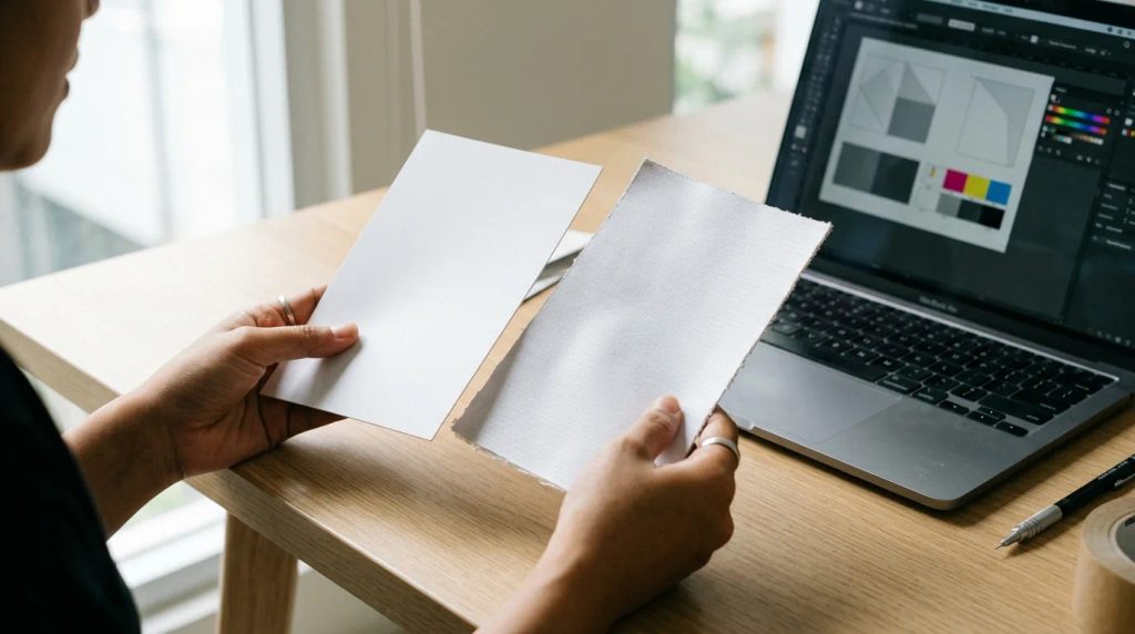 Pengecekan sampel fisik material cetak banner dan digital proofing di meja kerja.