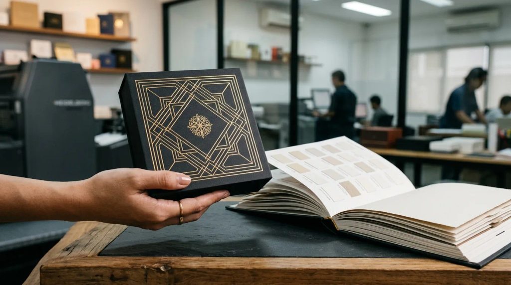Contoh hasil kemasan motif geometric pattern presisi dengan finishing foil mewah di Jakarta