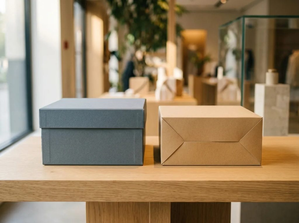 Perbandingan struktur rigid box mewah dan folding box kemasan produk di meja display toko.
