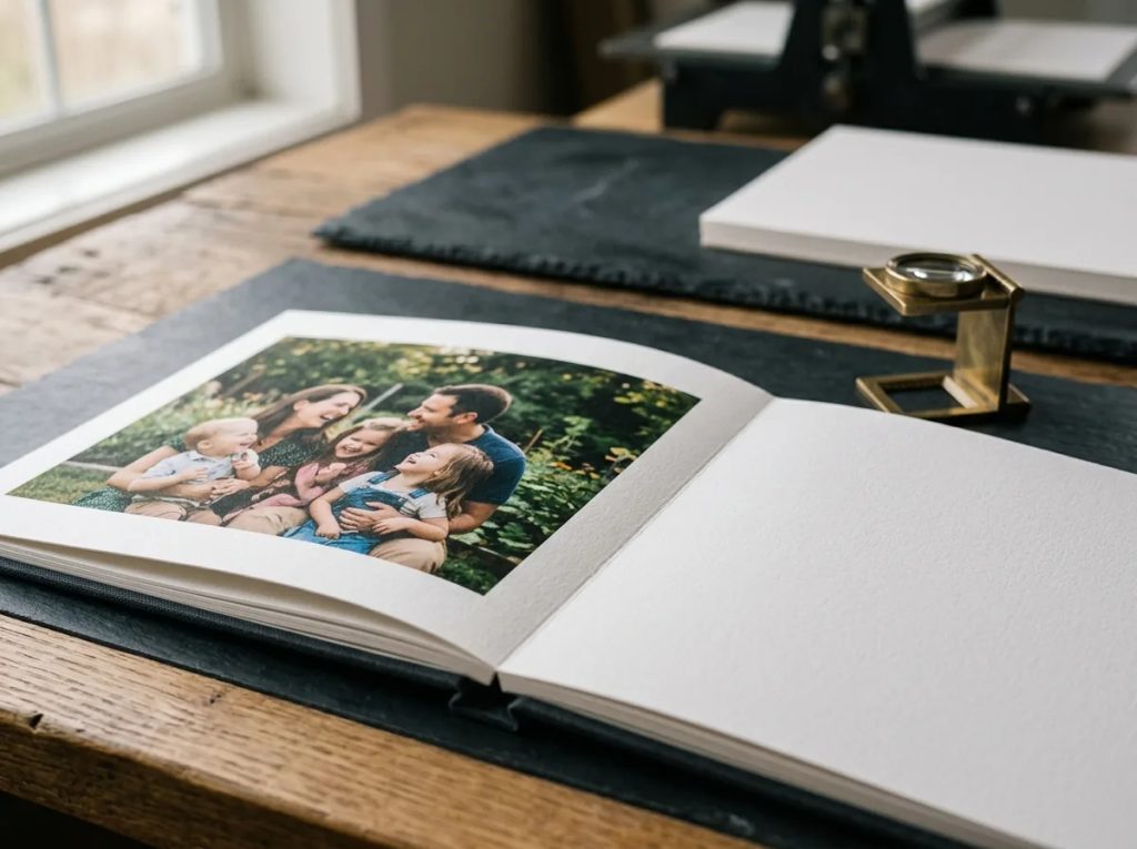 Detail cetak foto book beresolusi tajam dan profil warna akurat pada kertas bertekstur premium.