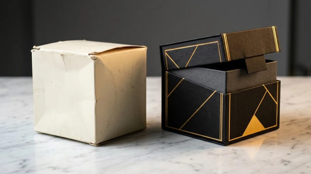 Perbandingan kemasan kotak standar dengan hard box branded kustom berpenutup magnetik
