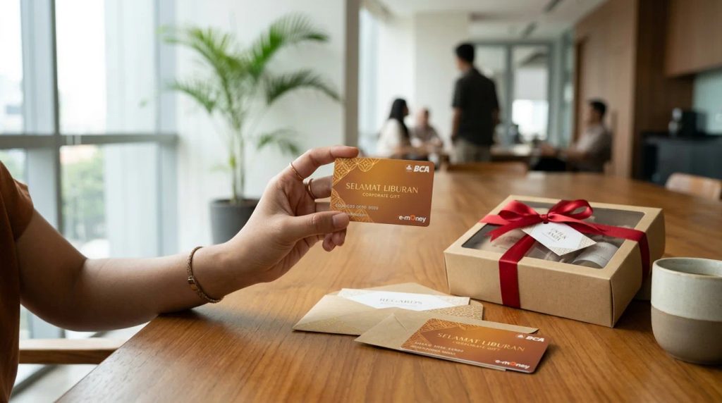 Contoh kartu e-money bertema Natal untuk corporate gift di meja kantor