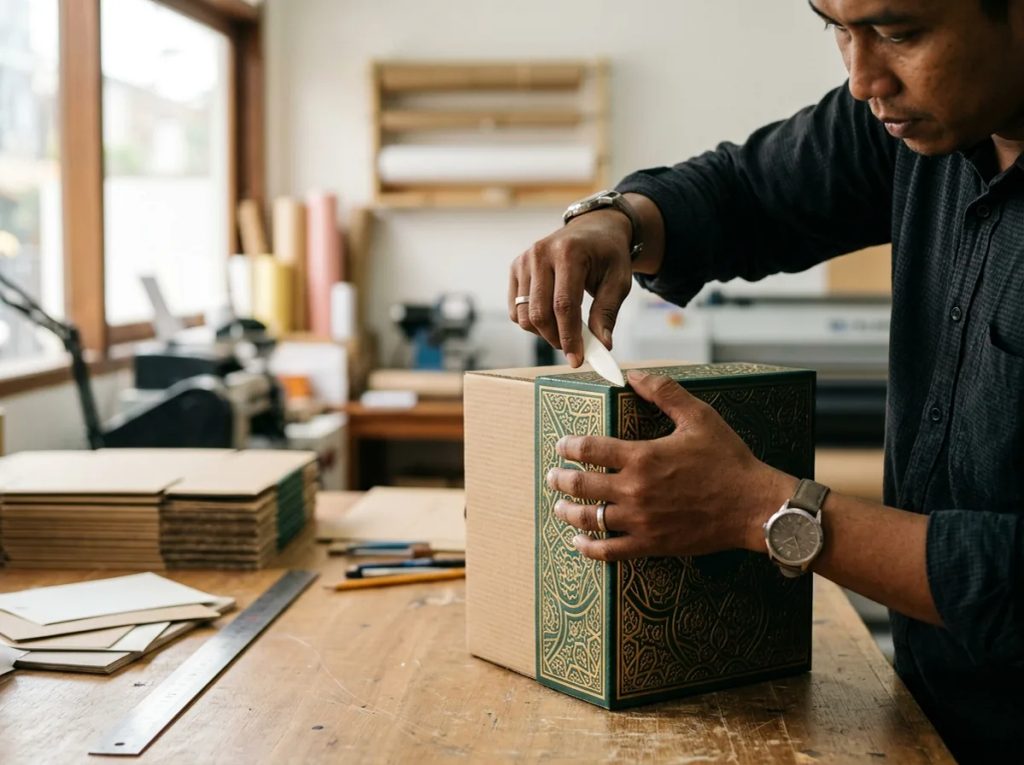 Proses perakitan corrugated box hampers Lebaran mewah dengan aksen sleeve tematik Idulfitri di percetakan.
