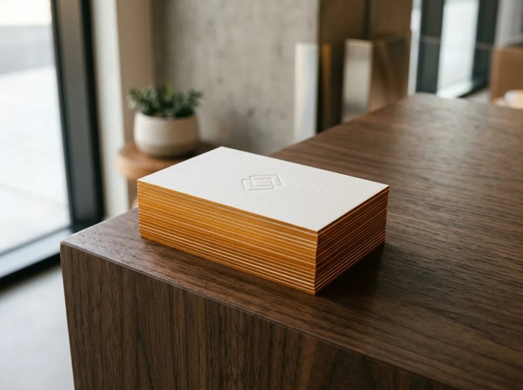 Koleksi corporate stationery dan kartu nama tebal dengan pinggiran berwarna kontras.