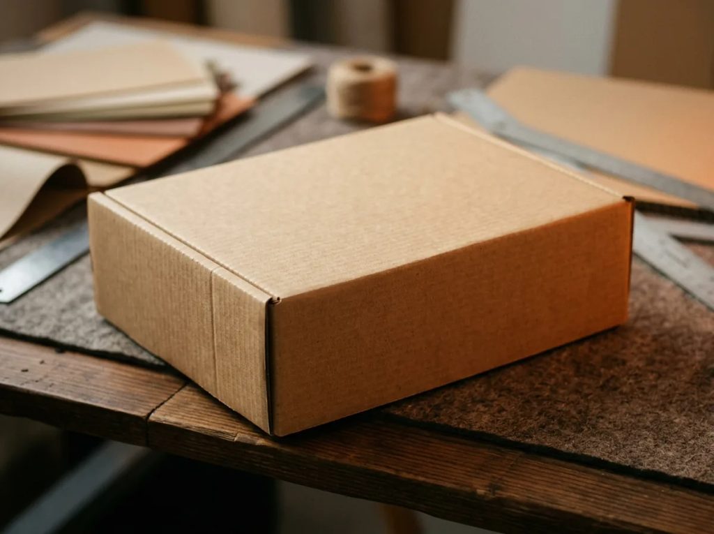 Corrugated box Lebaran 30x20x10 cm kokoh untuk hampers Idulfitri di meja workshop percetakan.