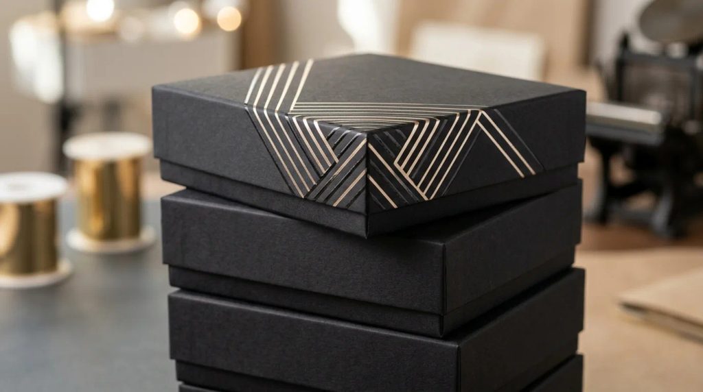 Detail finishing Spot UV dan hot stamping foil emas pada motif geometric pattern kemasan