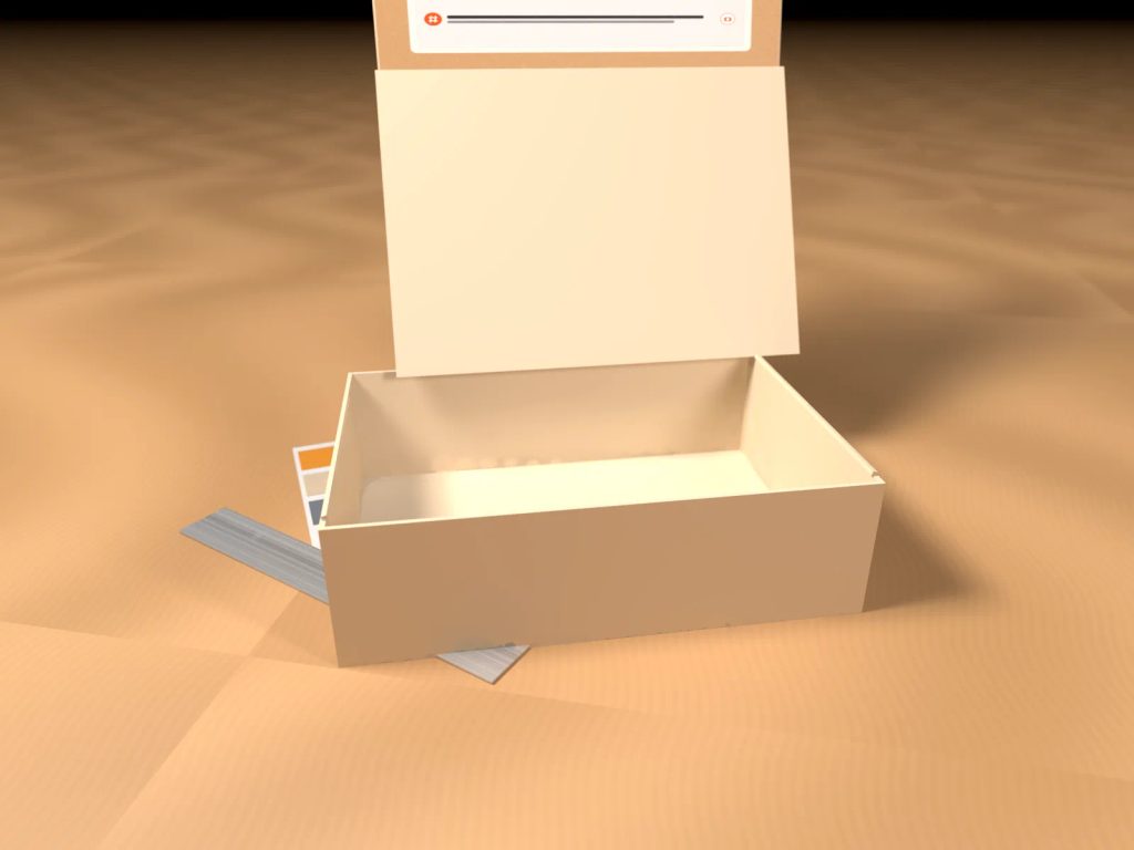 Desain CTA voucher dan tagar UGC pada inner flap kemasan custom mailer box untuk konversi O2O.