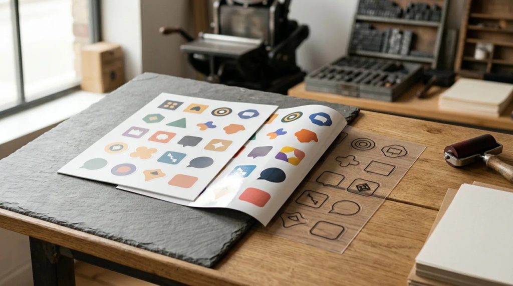 Perbandingan lembaran stiker kata nyeleneh bahan vinyl chromo dan transparan ukuran A4