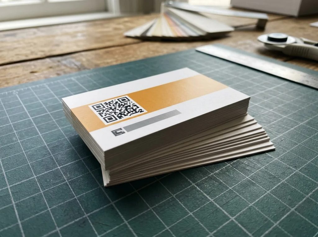 Tumpukan kartu nama custom dengan tata letak QR code dan microcopy call-to-action.