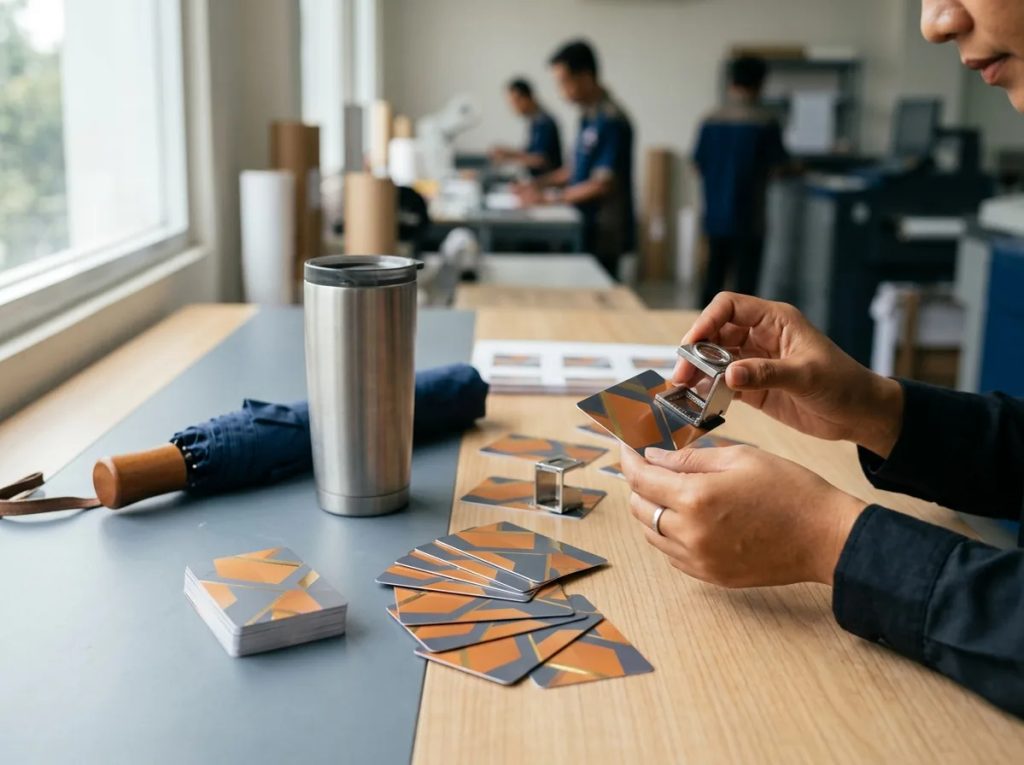 Pengecekan mutu cetak e-money custom dan souvenir tumbler payung untuk ROI promosi
