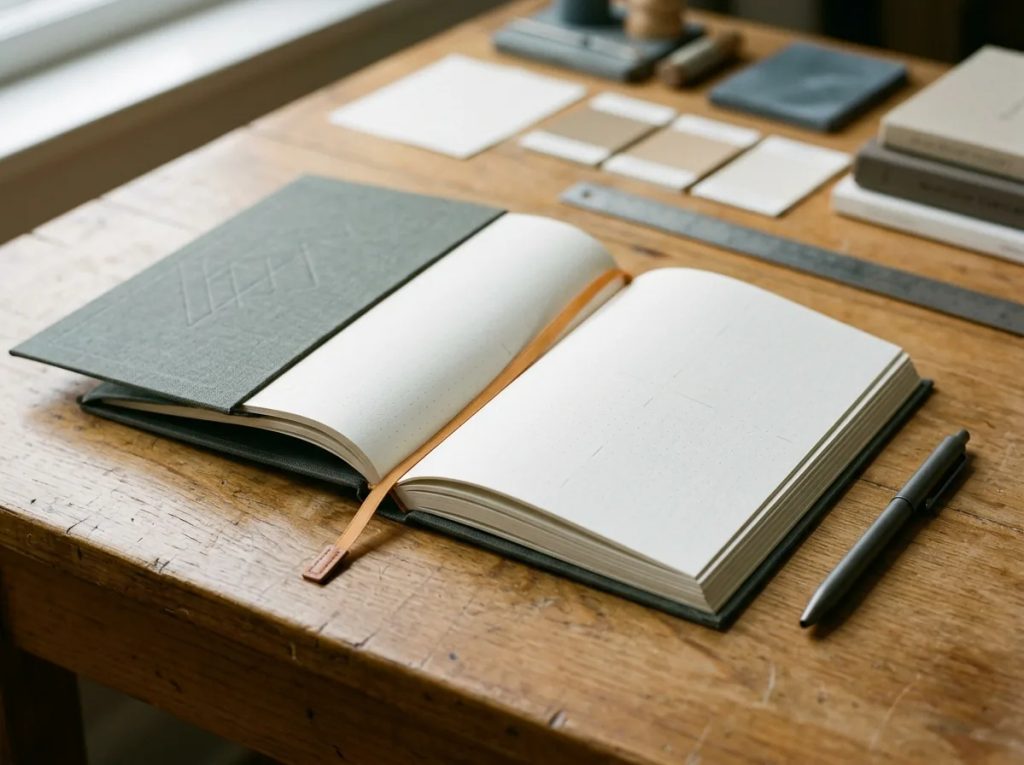 Cetak journal custom terbuka dan pena elegan di meja percetakan untuk produktivitas menulis.