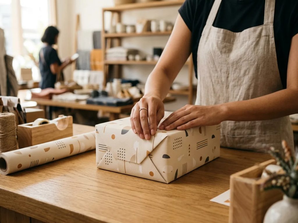 Proses membungkus kemasan produk dengan wrapping paper branded untuk storytelling visual brand