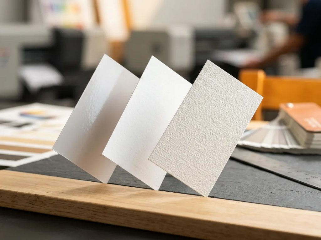 Perbandingan karakter kertas cetak kartu nama: Art Carton, Blues White, dan fancy paper bertekstur.