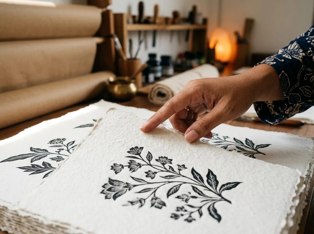 Eksplorasi tekstur kertas premium dan ketajaman cetak floral pattern untuk kemasan eksklusif di Surabaya.