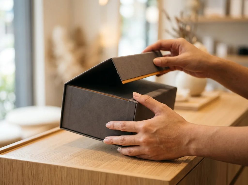 Sentuhan fisik pertama konsumen membuka box produk premium bertekstur elegan di meja butik.