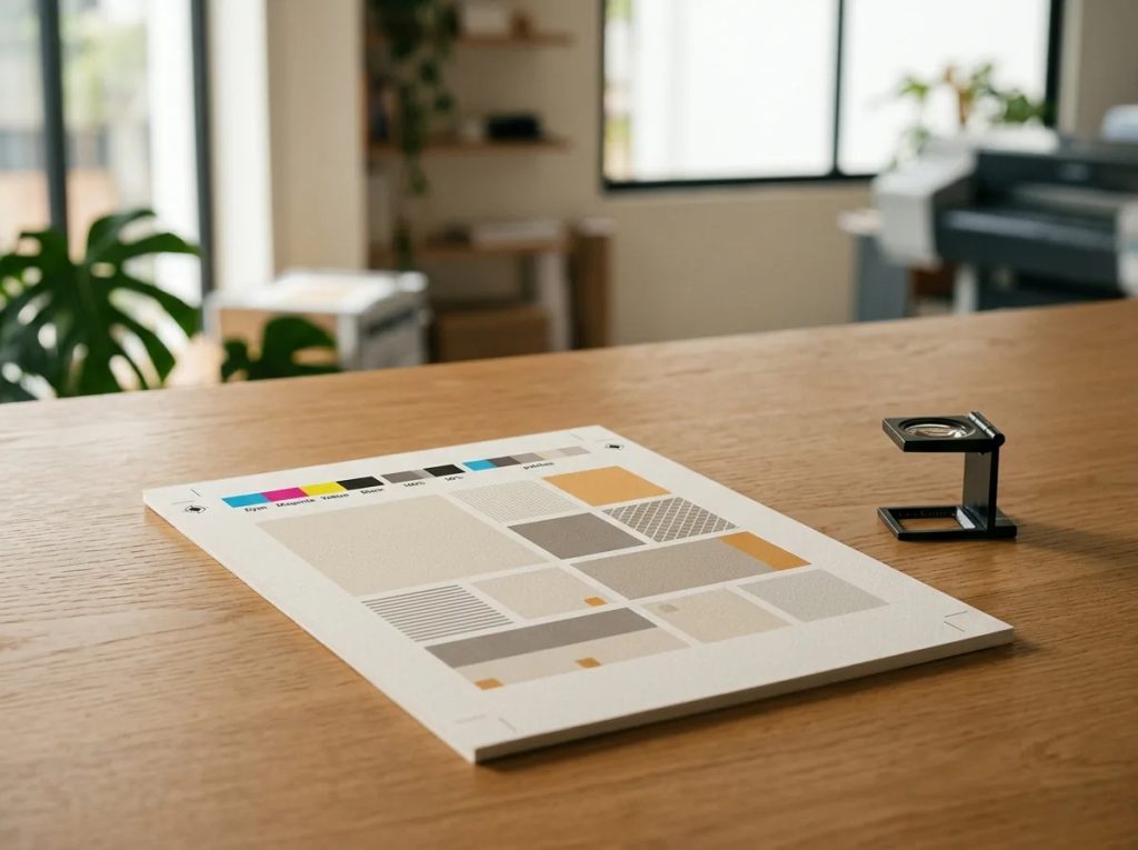 Lembar proofing cetak standar PDF/X-1a dengan bar warna CMYK dan loupe percetakan.