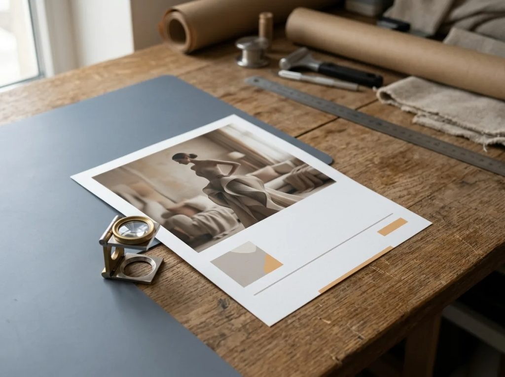 Hierarki visual flyer fashion custom dengan hero image dominan dan whitespace elegan di meja percetakan.