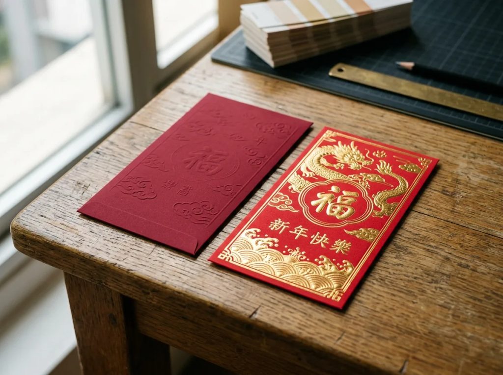 Perbandingan finishing cetak angpao Imlek custom: emboss doff dan hotprint emas foil mewah.