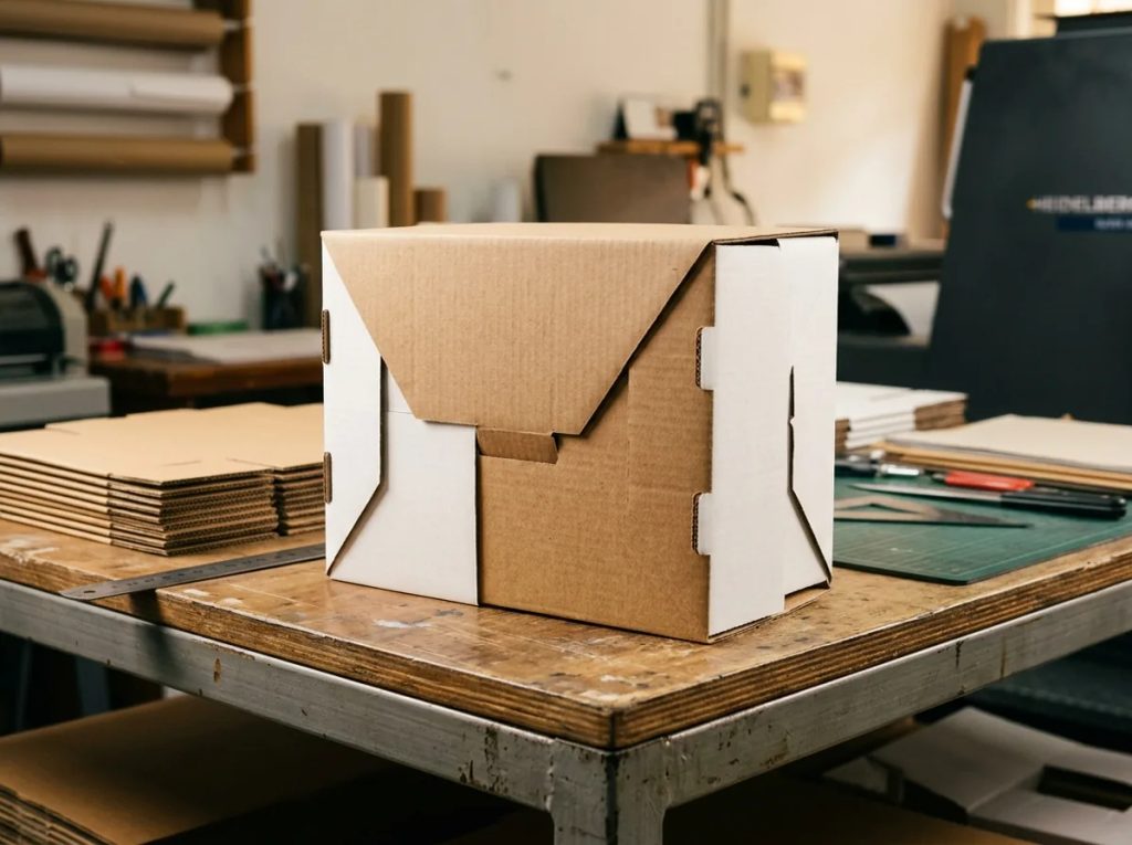 Sampel mailer box E-flute custom untuk estimasi harga cetak 100 pcs di percetakan.