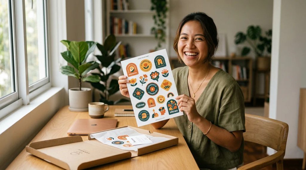 Pelanggan memegang lembaran stiker kata-kata nyeleneh ukuran A4 saat unboxing produk