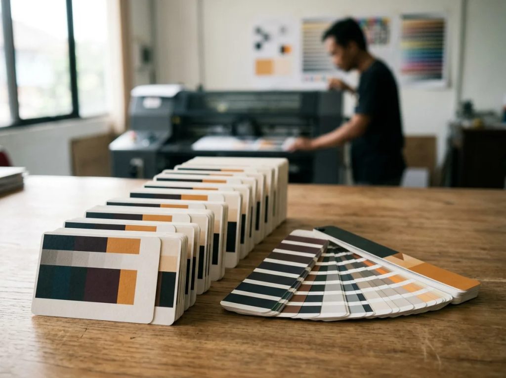 Deretan kartu sampel warna CMYK dan color guide untuk standarisasi profil warna cetak presisi.