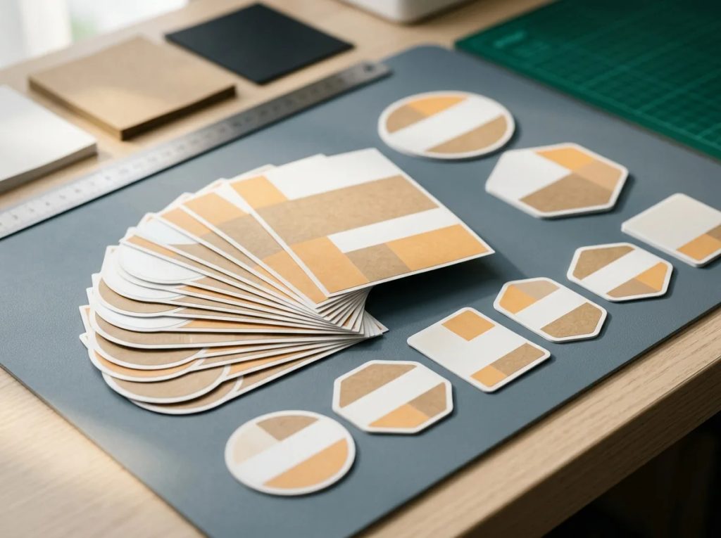 Deretan stiker kemasan die-cut dengan tata letak hierarki visual rapi di meja percetakan presisi.