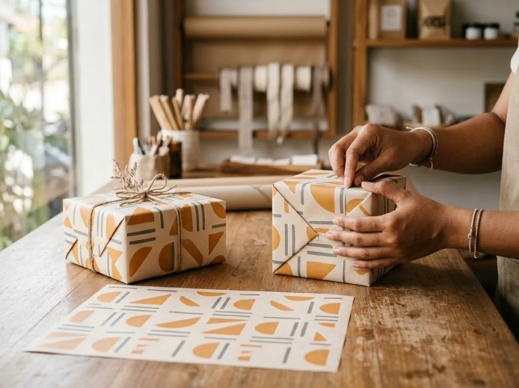 Pemilihan desain wrapping paper branded pada kemasan produk untuk memperkuat fungsi branding.