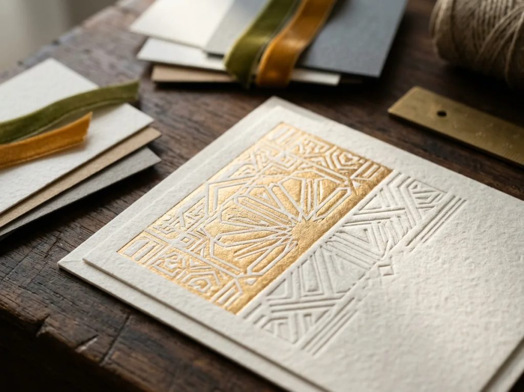 Detail taktil kartu ucapan hampers Lebaran premium dengan finishing foil emas