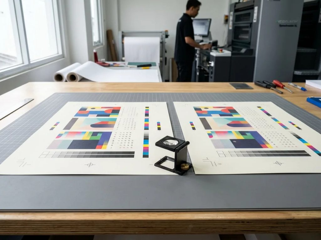 Pemeriksaan lembar proof cetak kalender promosi dan standar teknis warna di meja produksi.