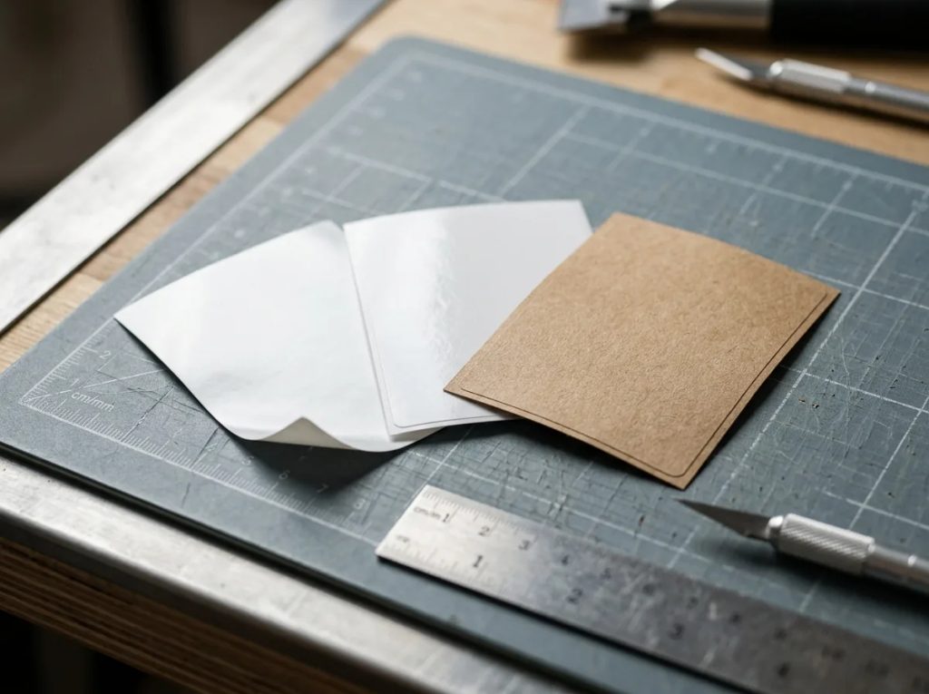 Perbandingan tekstur material stiker label makanan: vinyl tahan air, chromo kilap, dan kraft bertekstur alami.
