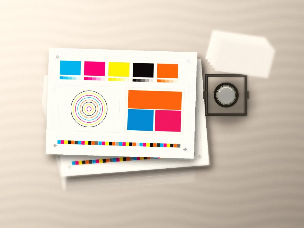 Uji manajemen warna CMYK dan resolusi 300 DPI presisi tinggi pada lembar cetak full color.