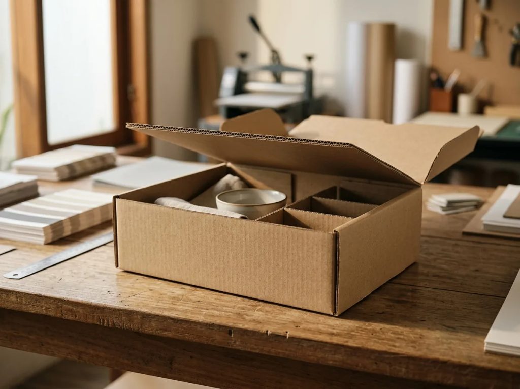 Struktur corrugated box hampers Lebaran kokoh dengan sekat presisi anti-penyok di meja percetakan.