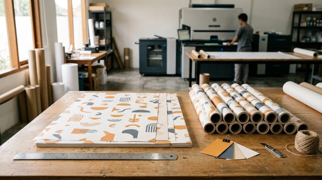 Hasil cetak order wrapping paper branded berpola elegan di meja kerja percetakan.