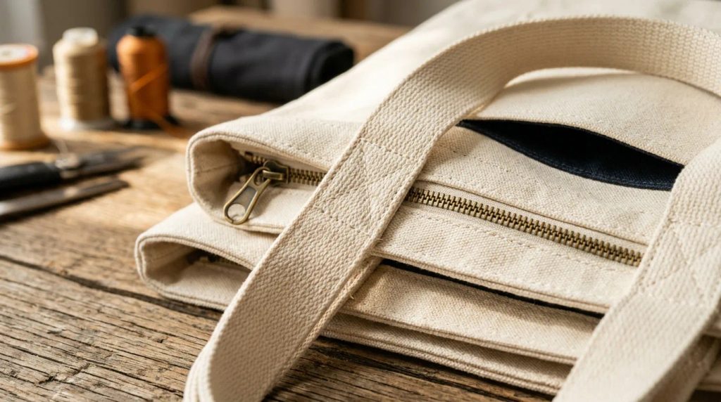 Detail jahitan silang tali penguat dan resleting logam pada tas kanvas custom tipe reguler.