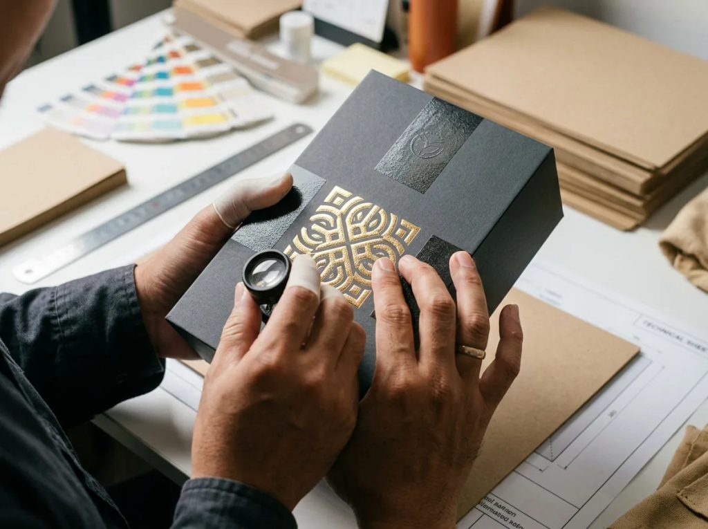 Inspeksi finishing premium laminasi doff, spot UV, dan gold foil stamping emboss pada kemasan box eksklusif.