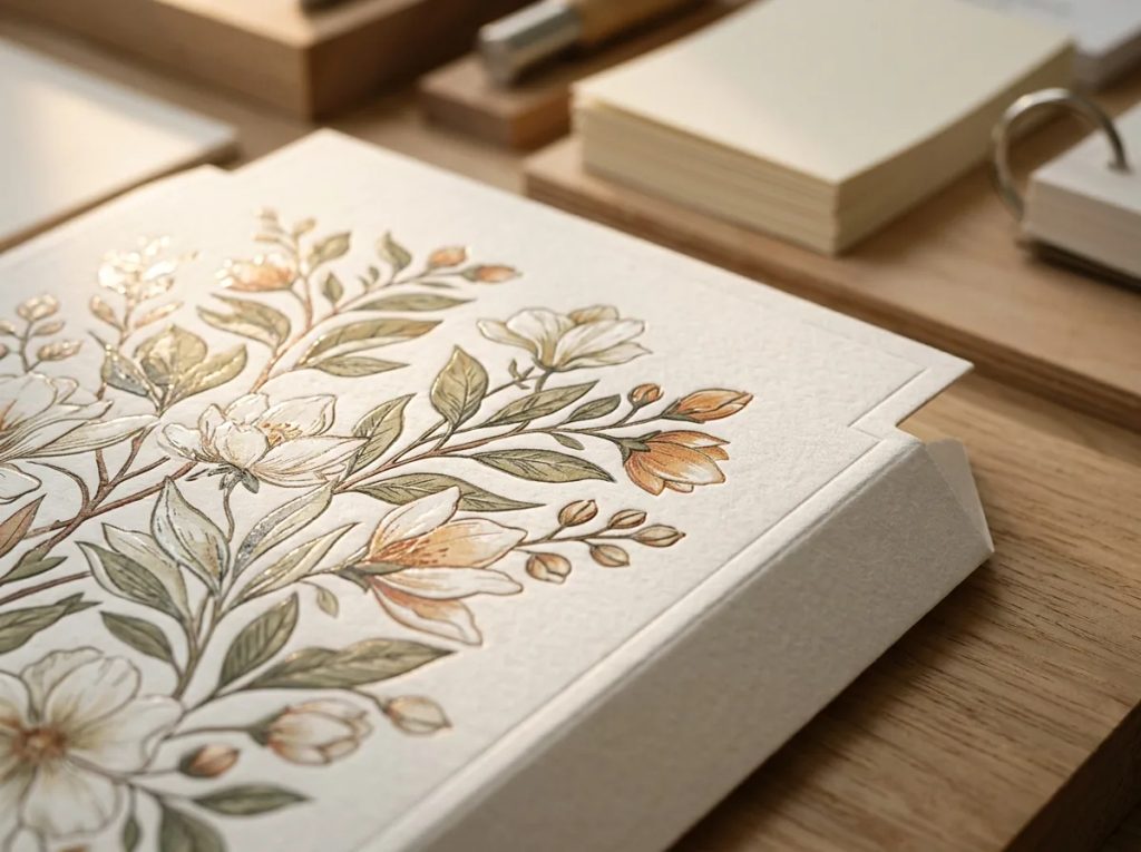 Detail makro cetak floral pattern Surabaya dengan finishing spot UV mewah pada kertas kemasan bisnis.