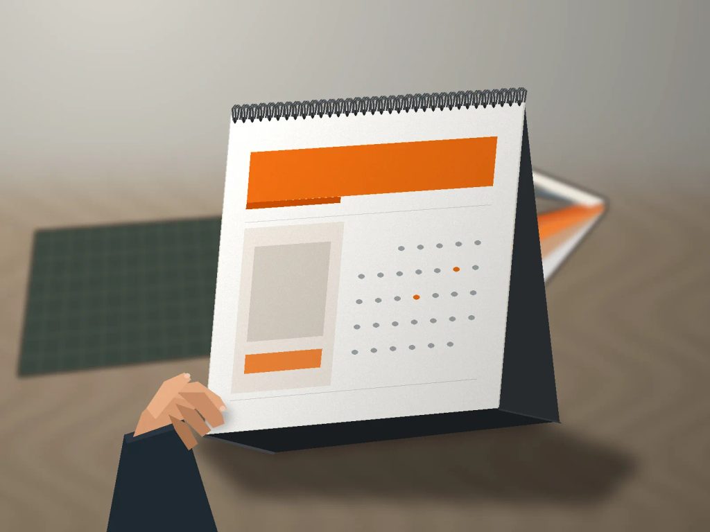 Pemeriksaan kualitas kalender meja finishing matte wire-o di meja percetakan digital profesional.