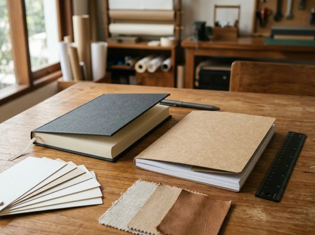 Perbandingan cover hardcover dan softcover serta pilihan kertas isi buku agenda perusahaan.