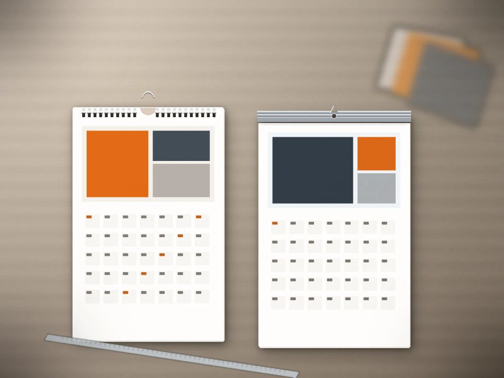 Perbandingan jilid spiral kawat dan klem seng pada kalender dinding A4 untuk promosi bisnis.
