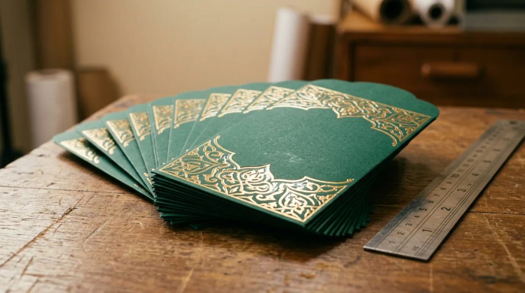 Detail finishing hot stamping foil emas pada amplop Lebaran