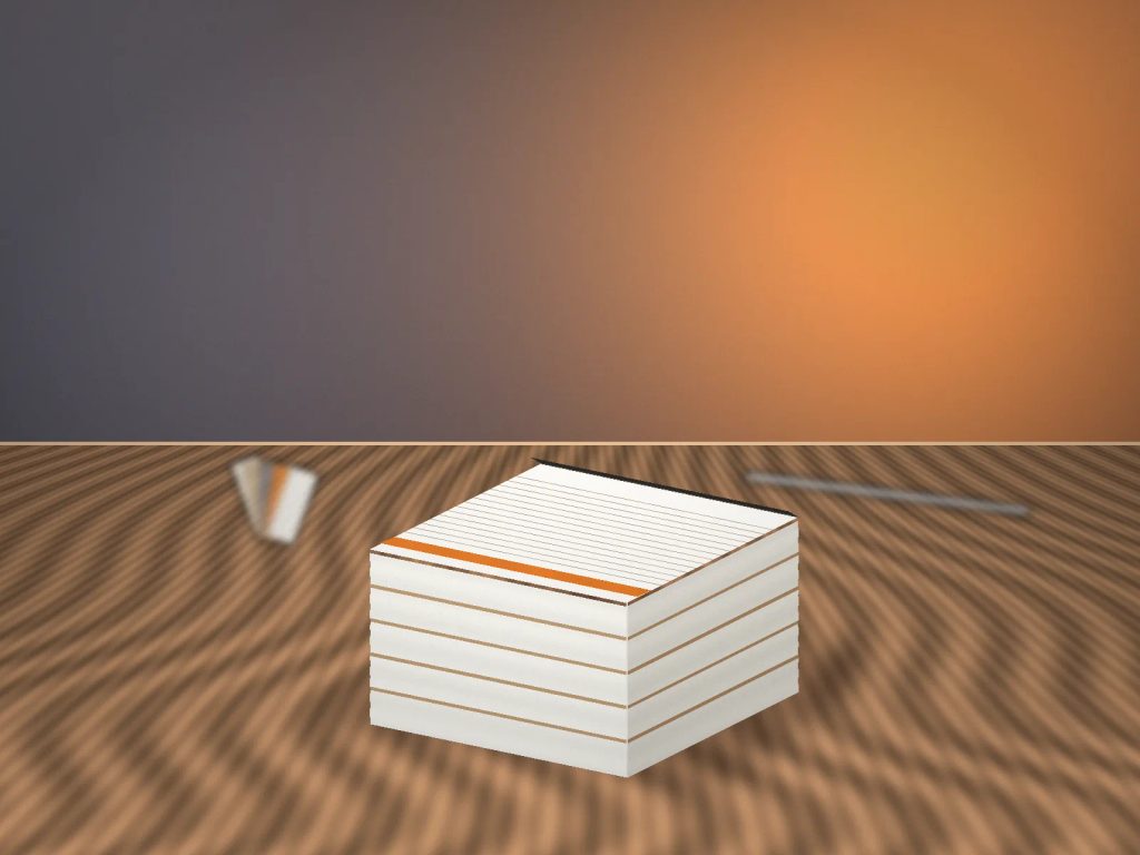 Tumpukan cetak notepad minimalis 50 pcs rapi di atas meja percetakan dengan sudut rendah.