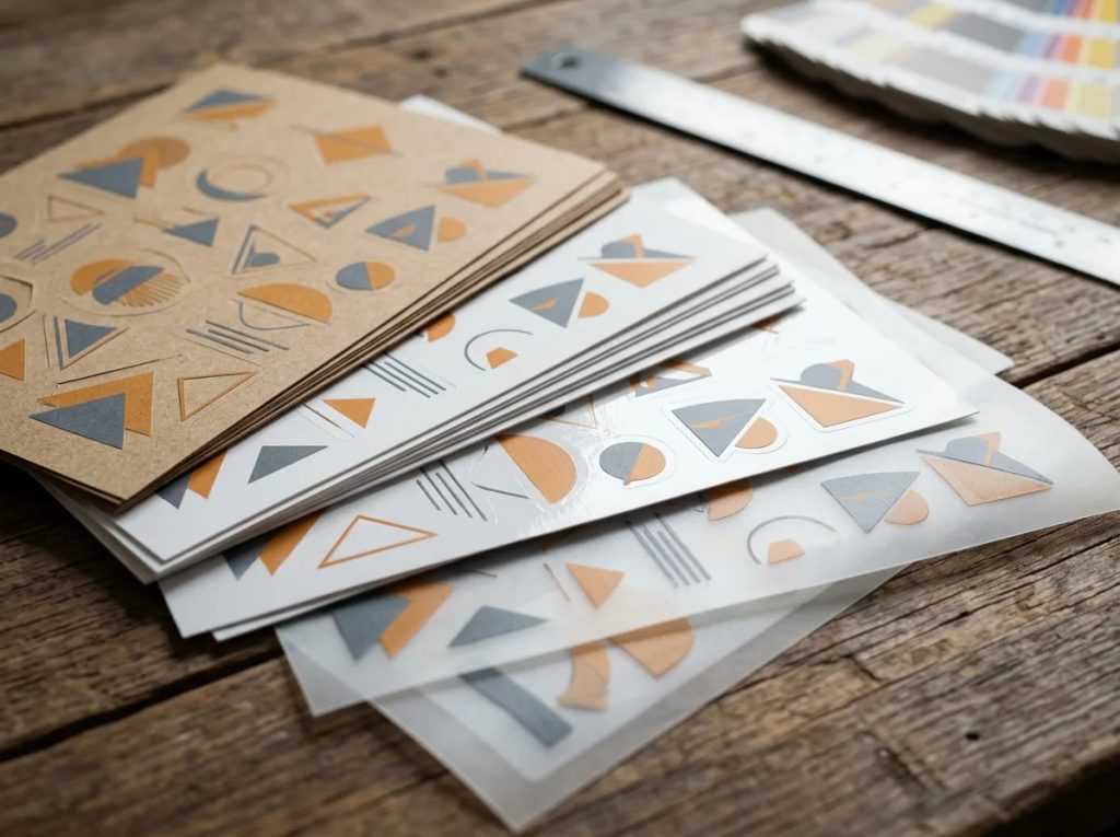 Sampel bahan stiker label produk vinyl, chromo, dan kraft tersusun rapi untuk uji ketahanan kemasan.