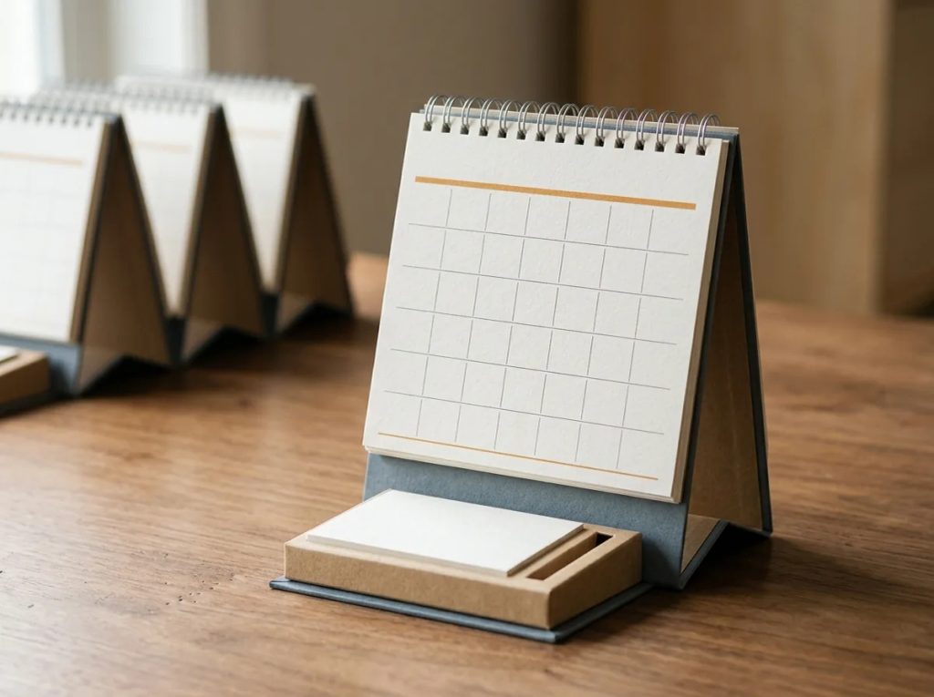 Kalender meja kerja eksekutif dengan area catatan agenda harian dan slot sticky notes terintegrasi