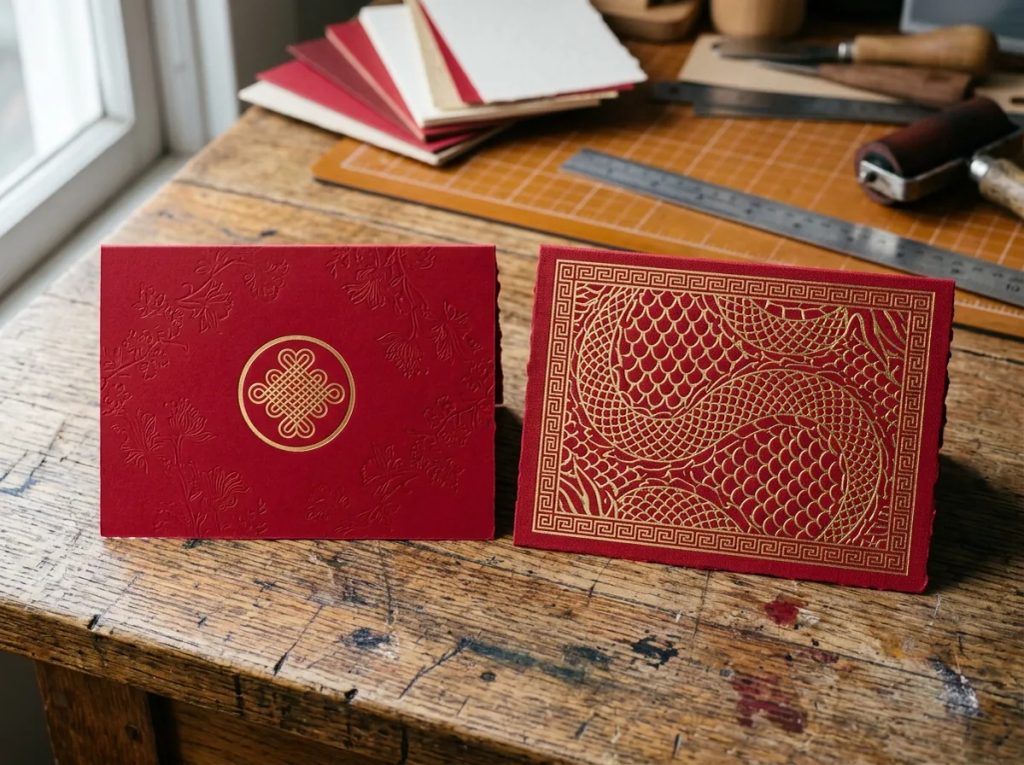 Perbandingan bahan notecard Imlek fancy paper foil emas dan kartu merah emboss di percetakan.